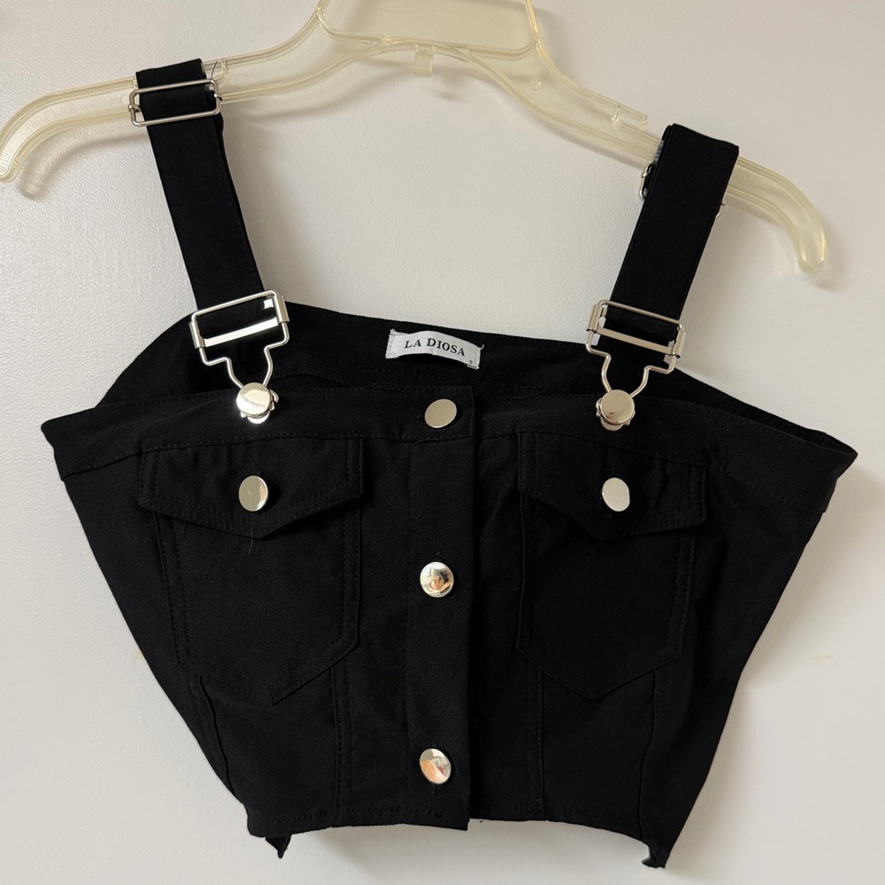La Diosa Women’s Small Black Cropped Top Tank Shirt with Adjustable Straps